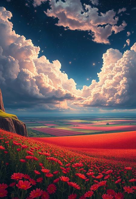 Vibrant fields, extremely detailed sky, from high cliff, starry sky, dark night, clear view, bright rerd flower fields, beautiful fields, very bright, anime landscape, (upper half:), busy clouds, red clouds, the storm is brewing, 8k wallpaper, romantic, perfect quality, absurdres, highly detailed, vibrant, beautiful oil matte painting