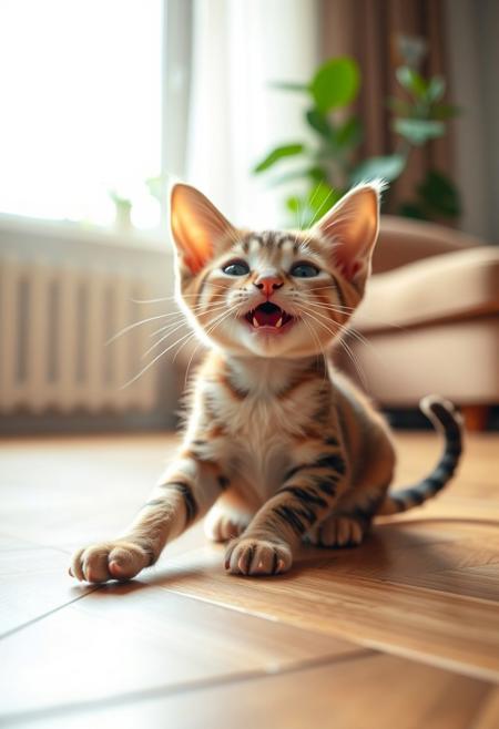 A playful “cat-olotl” (chesire cat with tiny pink axolotl gills where its whisker pads meet) sits on a sun-lit parquet floor in a cozy living room. • The kitten faces camera, mouth open in a happy “mraow,” eyes bright and blinking. • Its frilly gills wiggle gently in time with each meow. • Tail swishes side-to-side and thumps floor once, then curls around its body. • Ears flick forward and back, whiskers twitch. • Soft daylight drifts through a nearby window; light shifts just enough to reveal fur texture. Motion remains subtle, cute, and loop-friendly (about 4–5 seconds). Camera locked off—medium-close framing from paws to ear-tips, sofa and plant blurred softly in the background.  Close