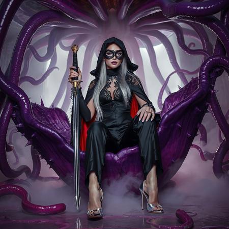 slender arrogant cold  russian blonde lady wearing  strict black glossy satin trouser suite with lace inserts and opulent  glossy high heels, black lace mask, glossy black satin cloak with red silk lining, jewels, elegant small sword, entangled in long tentacles, sitting in giant purple alien carnivorous flower with glossy spiked petals, covered with giant ultrathin transparent glossy slime veils,  under slimy tentacles canopy,  giant portal to outer space, fog from the floor,  weird alien hive slime walls and fleshy floor, horror, fashion look, hollywood, vogue makeup, porcelain skin, long haired, ultrathin waisym reminiscent of H.R. Giger, Zdzisław Beksinski, and Ash Thorp's dark, sleek styles, with close-up glamour photography, glossy satin and silver heels glistening, fleshy slime dripping, and dark shadows.