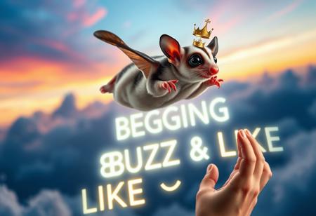 “A highly elegant sugar glider soaring happily through the air towards its owner. The scene is surreal, with a dreamy, colorful sky in the background. The sugar glider has an exaggerated, almost regal posture, with a tiny golden crown on its head. The owner, looking surprised, is reaching out with open hands. A massive, neon-style text in the background reads ‘BEGGING 4 BUZZ & LIKE ^_^’, glowing dramatically. The entire composition has a playful, chaotic energy, blending elegance with internet meme culture.”