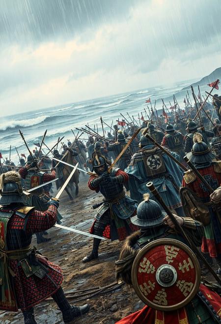 A vivid, cinematic battle on a stormy coastal plain, showing adult Japanese samurai clashing with adult Mongolian warriors in a 13th-century conflict. Rain lashes the scene as warriors engage in intense combat, with ocean waves crashing and distant ranks fading into mist. The atmosphere is chaotic and richly detailed.
Japanese Samurai: Elite samurai, all mature warriors, wield katana and naginata, blades gleaming. Ashigaru spearmen, also adults, form disciplined ranks with yari spears. Samurai wear o-yoroi armor: lacquered iron plates in crimson and black, tied with silk cords, paired with kabuto helmets featuring gold crests and protective menpo masks. Ashigaru wear simpler do-maru armor in muted greens. Tate shields display white clan mon. Weapons include tachi swords, tanto daggers, and yumi bows. Colors are crimson, black, and gold, with blue-white silk sashes billowing.
Mongolian Warriors: Adult Mongol horse archers fire composite bows, while infantry brandish curved sabers and maces. They wear lamellar armor of iron and leather in browns and blues, with conical helmets topped with horsehair plumes. Round shields bear red-black tribal patterns. Cavalry wear fur-lined vests and felt boots. Weapons include short spears and handaxes. Colors are brown, blue, and red, with embroidered saddlecloths.
Stormy skies and lightning highlight wet armor. Mud and battle scars add realism.