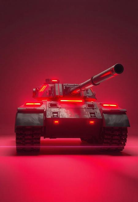 modern tank, neon lights, simple background, red and orange colors, heavy gun, plasma lines