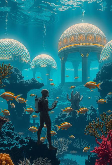 Futuristic underwater cityscape, featuring domed bioluminescent buildings with intricate glowing patterns, surrounded by diverse coral reefs in vivid colors. A lone humanoid diver in an advanced exosuit stands in the foreground, holding a glowing tablet, observing the vibrant marine life. Schools of fish of various sizes swim gracefully, interacting with the architecture. The scene is illuminated by soft beams of refracted sunlight penetrating the water surface, creating dynamic light streaks. The atmosphere is serene and immersive, with subtle particles suspended in the water to enhance depth and realism. Ultra-detailed textures, cinematic lighting, vivid bioluminescence, and a harmonious blend of nature and technology.