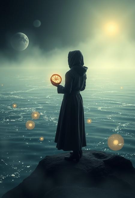 Create a mystical, otherworldly scene of a figure standing at the edge of a vast, shimmering expanse of water, surrounded by a halo of soft, luminescent mist. The figure is dressed in a long, flowing coat with a hood, and is holding a delicate, antique-style compass in one hand. The water is dotted with strange, glowing orbs that seem to be suspended in mid-air, and the mist is filled with tiny, shimmering particles that seem to be alive. The figure is gazing out across the water, their eyes fixed on a distant point that seems to be pulling them towards it. The compass is glowing with a soft, pulsing light, and the needle is spinning wildly as it tries to navigate the strange, unseen forces that are at work in this mystical realm. Style: surreal, dreamlike, mystical. Colors: soft, ethereal, glowing. Highest-Quality, 4k