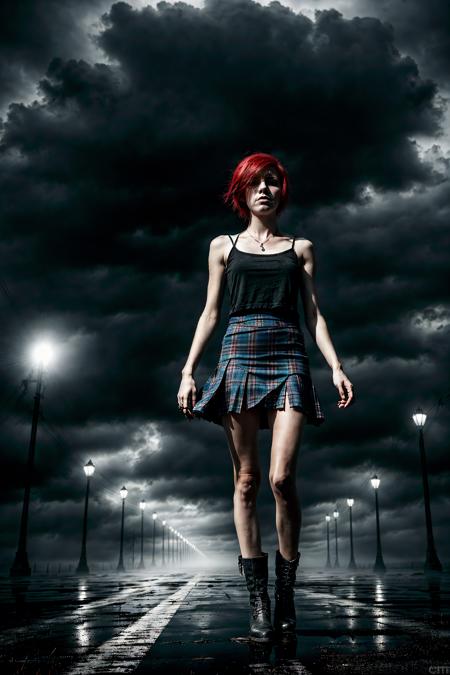 detailed, high quality, 1woman, mature, short pink hair, [bleeding], white camisole, blue plaid skirt, dark city streets, post-apoc, fog, dark clouds <lora:blood:-0.2> <lora:hairdetailer:0.7> <lora:ApocalypseEngine2:0.4> <lora:DetailTweakerLora:0>