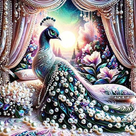 Pearlum, A serene landscape illuminated by the soft glow of dawn. In the foreground, a delicate strand of pearls lies gently across a bed of vibrant morning glories, their petals unfurling to reveal a vibrant palette of pinks and purples. Amidst this floral tapestry, a majestic white peacock spreads its feathers, showcasing a dazzling display of iridescent blues and greens, its eyes watching over the scene with a regal air. The pearl's soft radiance and the peacock's vibrant plumage create a harmonious contrast, resulting in an ethereal and captivating composition.<lora:Pearlum_World_Morph:1>