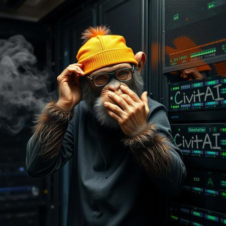 Monkey disguised scratching his head, 
Monkey with earplugs,
Monkey hard at work bringing GPU server back to online, 
smoke coming out server rack, 
CivitAI written on the server rack side one time,
realistic style, masterpice, 4k, high quality, highres