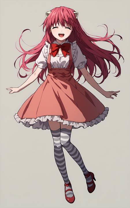 Lucy, 1girl, solo, long hair, horns, red hair, red eyes,pink hair, skirt, white tanktop, red hair,