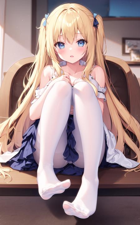 1girl,long blonde hair,one side up,blue eyes,(white pantyhose),sitting,knees up,no shoes