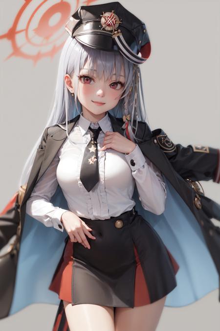 (masterpiece, best quality:1.2), <lora:ba_haruna-08:1>, cowboy shot, solo, 1girl, haruna \(blue archive\), smile, closed mouth, looking at viewer, black headwear, jacket on shoulders, white collared shirt, black necktie, long sleeves, skirt