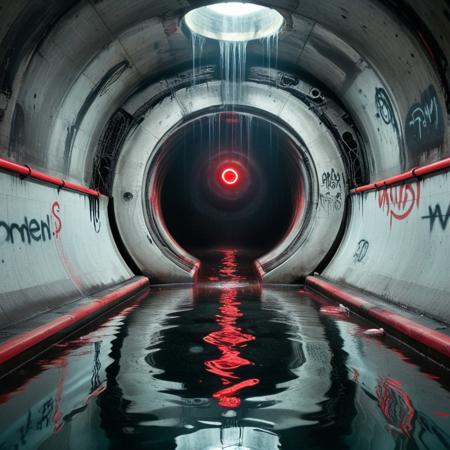 a massive circular sewer chamber with concentric walkways, broken grates dripping black water, graffiti faded across the moldy concrete, tunnel mouths yawning like blind eyes, faint red emergency light flickering across the sludge pool, sewer tunnel, creepy, dirty, reflection