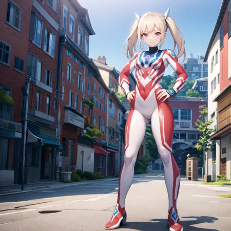 extremely detailed CG unreal engine 8k, best quality, 1girl, beautiful detailed girl, young girl, (ultgp :1.0), ultraman bodysuit, small breasts, full body, light smile, twintail, hands on hips, standing, (detailed fingers, detailed hands, detailed face), all intricate detailed buildings behind, outside
 <lora:Ultgp-16b-000003:1.0>