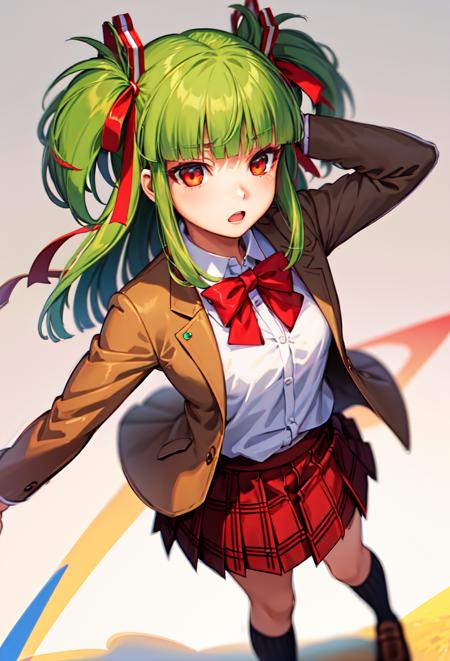 ((masterpiece, best quality)), 1girl, hishimiya tsugaru, red eyes, green hair, bangs, hair ribbon, brown jacket, pleated skirt, red skirt, plaid skirt, school uniform <lyco:hishimiyaTsugaruBeatmania:0.75>