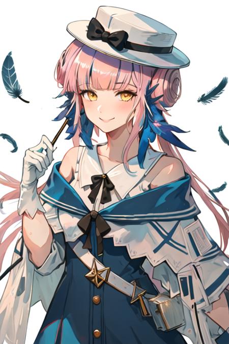 best quality, masterpiece, highres, solo, {ceylon_arknights:1.15}, long_hair, bangs, pink_hair, feather_hair, feathers, hat, white_headwear, yellow_eyes, blue_feathers, bow, hair_bun, hat_bow, smile, black_bow, upper_body