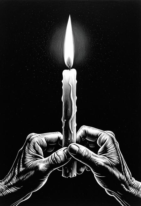highly detailed, monochromatic drawing created in a realistic style, depicting a close-up of a person's hands holding a lit candle. The background is a deep, dark black, making the candle and hands the focal point. The candle, placed centrally, is white with a soft, warm glow emanating from the flame. The flame is vividly detailed, with intricate textures and fine lines that capture the flickering motion and heat. The wax of the candle is partially melted, dripping down the sides, and the texture of the wax is rendered with meticulous attention to detail, showing a smooth surface with subtle imperfections.The hands holding the candle are human hands, with visible veins and wrinkles, adding a sense of realism and age. The fingers are gently cupping the candle, and the hands appear to be of a mature person, with a slight tremor visible in the fingers. The hands are positioned in the center of the image, with the fingers slightly overlapping each other. The drawing uses a combination of fine pencil strokes and shading to create a sense of depth and texture, making the hands and candle appear three-dimensional. The overall mood of the drawing is somber and contemplative, with a focus on the warmth and light provided by the candle.
