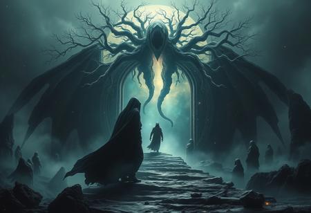 A universe inside a dark cloaked figure within mysterious landscape in an unfathomable realm of fantastic creation inhabited by ancient shadows of a forgotten time beyond the gate of the gateless gate where life is limitless, light is shadow and shadow is light, eerie sense, horror, spark of the beginning, existence and nonexistence at once, ethereal, outstretched arms, behold the end of the beginning, inglorious glory to the dark one, betrayal of the ancient order, beware the 7headed beast, destroyer of the old ways, bearer of the unbearable, nightmarish, archaic runes, tree aging backwards, breath of the gods, ruins of a place unimagined, extreme intricate detail, photorealistic, beyond epic scene, fate discarded, unseeable face of god, the end is the beginning, the beginning is the end, man arises as god dies, as above so below, as below so above, emerald tablet, thoth, guardian and saboteur of existence, hopeless hope, ghosts of the unborn, conception of the inconceivable, cosmic well of imperceptible perception, evil aura, infinite emptiness, pillars of void, overwhelming subtlety, abstract sacred geometry, beams of readiness without intention, gift of doom, despair of the ages, hidden secret warnings from dead gods, carved by the conductor of unholy loneliness of time incarnate, consumed by the night itself, beautiful tragedy of hellish discovery, unraveling mist of unreal reality, philosophers stone