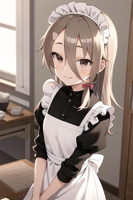 masterpiece, best quality, <lora:mikage_sakurako:0.7> mikage_sakurako, 1girl, solo, brown eyes, brown hair, long hair, hair between eyes, hair ribbon, hairclip, long hair, light smile, maid, maid headdress, maid apron,