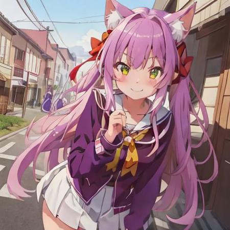 1 girl, murenase, kurumi, nekomai, kurumi nekomai, seton purple hair, animal ears, cat ears, fluffy cat tail, tail, multi color hair, green eyes, serafuku, purple jacket, white shirt, separate sleeves, thigh-length hair, skirt (white), looking at viewer, very long hair, smile, in front of a burning academy, standing(cowboy photo: 1.5), (masterpiece: 1.2), best quality, high resolution (artwork: 0.8 ), (beautiful detailed eyes: 1.6), perfect lighting, extremely detailed CGI (perfect hands, perfect anatomy)