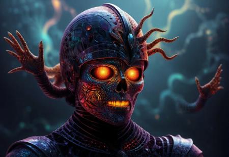 Masterpiece fantasy knight of legend with black armor, made out of fractangles, a helmet filled With Bones, Burning thunder storm, arms crawling oput of helmet. 2000s vintage RAW photo, photorealistic, film grain, candid camera, color graded cinematic, eye catchlights, atmospheric lighting, natural, shallow dof, High level of detail to create a photographic-like image, focusing on lighting, realistic textures, hyperdetailed.  <lora:Fractangles - Flux_epoch_20:1>