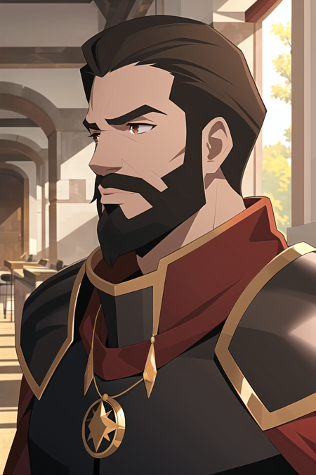 indoors, laboratory, detailed background,
1boy, handsome, male focus, solo, portrait, upper body, beard, brown hair, brown eyes, red scarf, leather armor, pendant, jewelry, black stone,
, ((masterpiece))
<lora:western_animation_style:1>