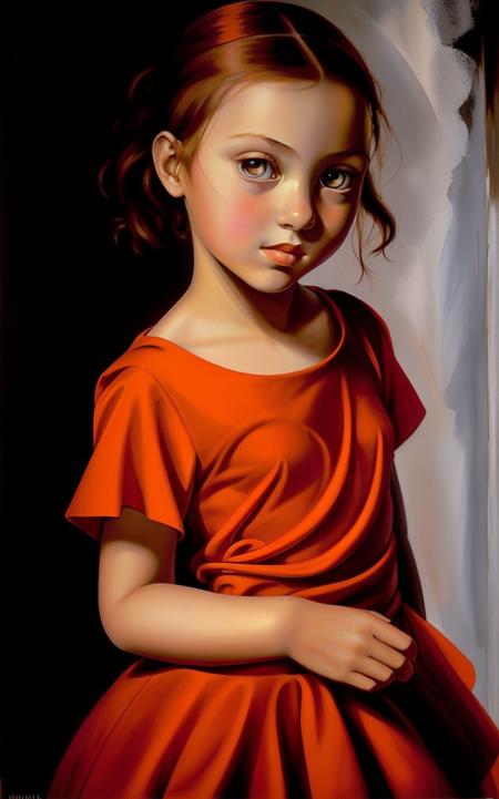 <lora:TDLP:0.6> painting of a girl side on with her head turned to face the camera, she is wearing a red-orange dress with a low front with her hand raised in a classic hand-pose standing in a dimly lit alley <lora:epiNoiseoffset_v2:0.6>