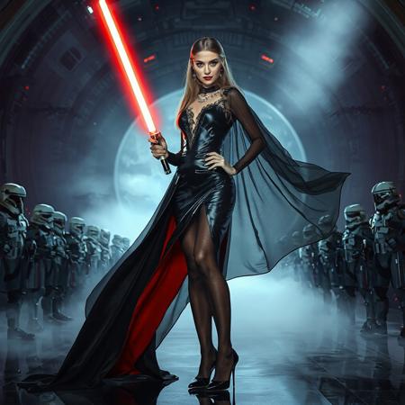 slender arrogant cold femme fatal russian princess  wearing   black glossy leather  high slit gown with red lining,  lace top stockings, small size opulent glossy high heels,  ultrathin black  transparent slime cloak, jewels, holding elegant small light saber in right hand, posing  standing,  evil grin, green eyes, lipstick, giant portal to outer space, fog from the floor, empire spaceship hangar, surrounded by halo odst troopers, TIE spaceships  at the background, fashion look, hollywood, vogue makeup, porcelain skin, long haired, ultrathin waisym reminiscent of Lucas,  Spielberg styles, with close-up glamour photography and dramatic lighting