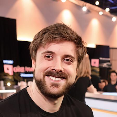 portrait of forsen_person, long thick goatee beard, bangs, fringe, grin, professional studio photo