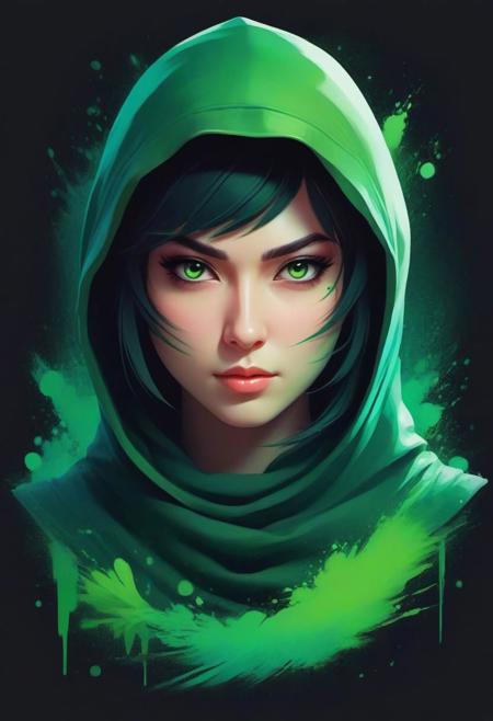 A detailed illustration face evil ninja woman,magic, t-shirt design, green color , dark magic splash, dark, ghotic, t-shirt design, in the style of Studio Ghibli, pastel tetradic colors, 3D vector art, cute and quirky, fantasy art, watercolor effect, bokeh, digital painting, low-poly, soft lighting, bird's-eye view, isometric style, retro aesthetic, focused on the character, 4K resolution, photorealistic rendering, using Cinema 4D