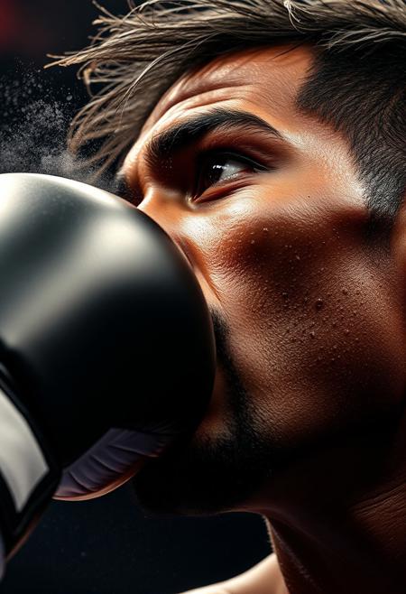 still slow motion shot, tight zoom on a strong black boxer being hit on the side of the jaw by a black boxing glove at a heavyweight championship, the force of the impact is throwing a cloud of misty sweat all around the head of the fighter,  his nose eyes and mouth are in frame looking up, his hair is waving away from the punch, the skin of the cheeks are wobbling, the lips are tight together