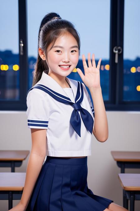 masterpiece, best quality, 1girl, beautiful face, wearing a sailor school uniform, high ponytail, smiling, waving her hands, in a classroom at night, beautiful gradient sky with stars, city nightscape from the window, RAW photo, photorealistic, realistic