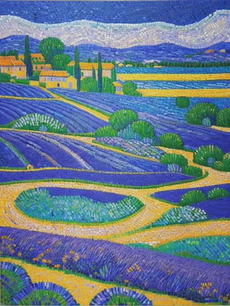 <lyco:PaulSignac:1.0> Neo-impressionist mico mosaic, intricate detail, French Provence landscape, lavender fields, in the style of Paul Signac and van Gogh, stylized,