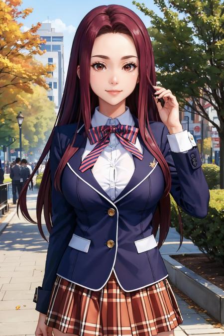 masterpiece, best quality, <lora:sakakiryouko-nvwls-v1-000008:0.9> sakaki ryouko, blue blazer, bowtie, plaid skirt, upper body, large breasts, smile, looking at viewer, outdoors, park, city street, trees