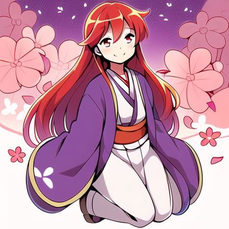 Kotohime 1girl, red hair, red eyes, purple kimono, long sleeves, wide sleeves, red flower markings, flower print, yellow bow, 