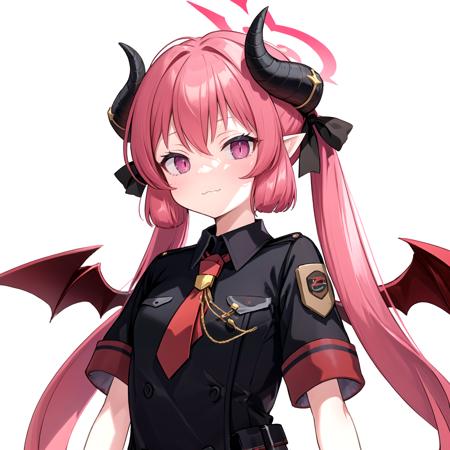 junko, halo, slit pupils, demon horns, twintails, hair ribbon, pointy ears, demon wings
military uniform, black shirt, red necktie, short sleeves, flat chest
[light smile:\:3:1.2]
upper body, (simple background, white background:1.4), <lora:chara-junko-v1c:1>