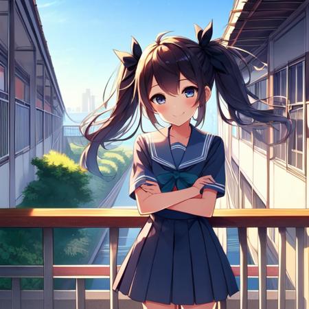 solo,  1girl,  14yo,  resting arms on school railings,  leaning,  outdoor corridor,  second floor,  twintail,  uniform,  wind,  smile,  city,  roadside,  stairs,<lora:EMS-213001-EMS:1.000000>