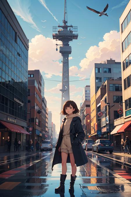 (masterpiece),( best quality), detailed background, dramatic lighting,  1girl, solo, billboard, brown eyes, brown hair, building, city, cloudy sky, coat, boots, crane