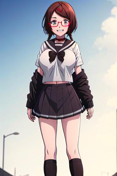 high quality, best quality, ultra detailed, masterpiece, 
Misaki,  solo,  woman,  brown hair,  belt necklace,  red glasses,  dual french twist,  black ribbon,  white school uniform top,  crop top,  breast,  black skirt,  black jacket draped,  black thigh-high,  black shoes, sexy smile, 
cute pose, outdoor, ultra detailed background, <lora:EMS-50727-EMS:0.900000>