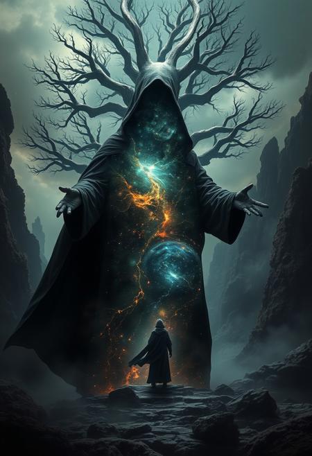 A universe inside a dark cloaked figure within mysterious landscape in an unfathomable realm of fantastic creation inhabited by ancient shadows of a forgotten time beyond the gate of the gateless gate where life is limitless, light is shadow and shadow is light, eerie sense, horror, spark of the beginning, existence and nonexistence at once, ethereal, outstretched arms, behold the end of the beginning, inglorious glory to the dark one, betrayal of the ancient order, beware the 7headed beast, destroyer of the old ways, bearer of the unbearable, nightmarish, archaic runes, tree aging backwards, breath of the gods, ruins of a place unimagined, extreme intricate detail, photorealistic, beyond epic scene, fate discarded, unseeable face of god, the end is the beginning, the beginning is the end, man arises as god dies