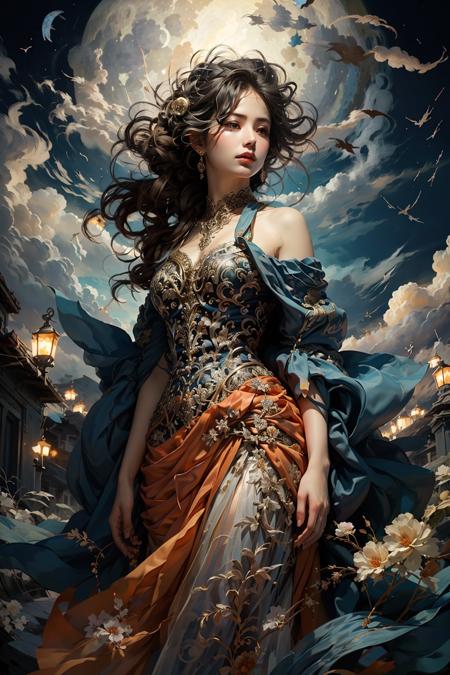 bjelegant,1girl,solo,longhair,bareshoulders,lookingatviewer,flower,wind,sky,cloud,statelygoldcircuitboardtracesilkthread,full_moon,Frombelow,realistic,cinematiclighting,strongcontrast,highlevelofdetail,Bestquality,masterpiece,Whitebackground,Intricate pattern,Ornate decoration,<lora:elegant:0.7 >,