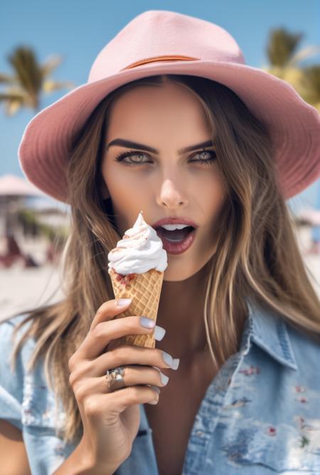 <lora:IzabelGoulart_xl_lora-000035:1>fashion model woman eating an icecream outside, at beach, hi detail, sharp focus, perfect lighting, awesome, dslr, 4k high quality. extra detail, extra sharp, magical, perfect moment, natural skin, pores