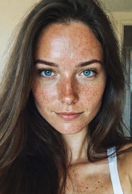 instagram selfie of superwoman with a day off. , slight smile , detailed skin face and eyes , natural lighting , at home , long hair, film grain, low contrast, natural face , freckles , dark brown hair , blue eyes