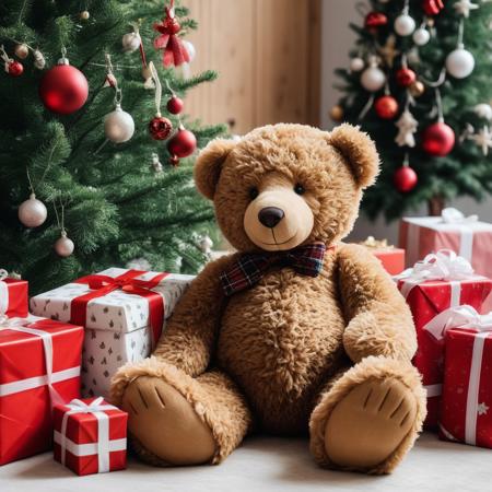 teddy bear surrounded by Christmas presents and in the background a Christmas tree