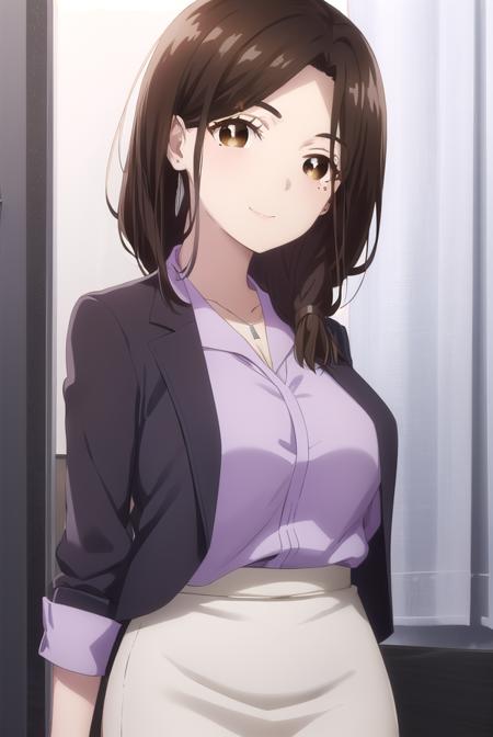 airigotou, <lora:airi gotou s1-lora-nochekaiser:1>,
airi gotou, long hair, brown hair, (brown eyes:1.5), braid, mole, mole under eye, hair over shoulder, mature female, smile,
BREAK skirt, shirt, jewelry, jacket, pantyhose, black skirt, necklace, black footwear, high heels, bracelet, black jacket, side slit, pencil skirt, purple shirt, office lady,
BREAK indoors, office,
BREAK looking at viewer, (cowboy shot:1.5),
BREAK <lyco:GoodHands-beta2:1>, (masterpiece:1.2), best quality, high resolution, unity 8k wallpaper, (illustration:0.8), (beautiful detailed eyes:1.6), extremely detailed face, perfect lighting, extremely detailed CG, (perfect hands, perfect anatomy),