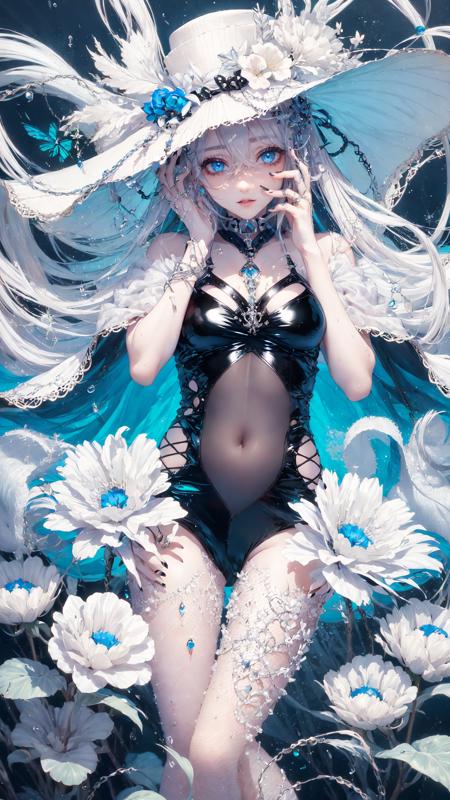 ,tutututu, black one-piece swimsuit, collar, navel, see-through,black pantyhose, 
-1girl, blue eyes, solo, long hair, blue nails, looking at viewer, white hair, flower, jewelry, floating hair, nail polish, ring, hat, hair ornament, bare shoulders, breasts, white nails, bangs, hair between eyes, hands on own face,White hell,
<lora:add_detail:0.2>  <lora:White hell:0.6>
<lora:tutusks_0004:0.85>