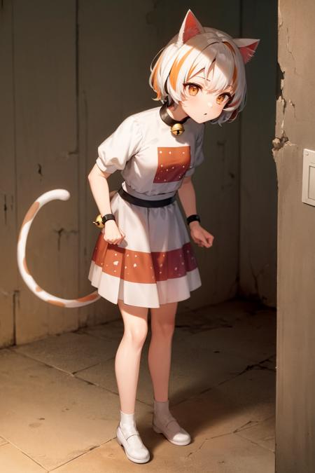 masterpiece, best quality, highly detailed, gm, full body, choker, multicolored tail, cat girl, patch, multicolored clothes, multicolored shirt, multicolored skirt, neck bell, white hair, streaked hair, short hair, multicolored hair, cat ears, bell, cat tail, orange eyes, mysterious, (laboratory, hospital, test tubes, x-rays, operating table), (nighttime), gloomy, foggy, silent hill, (rust, cracked walls), spooky