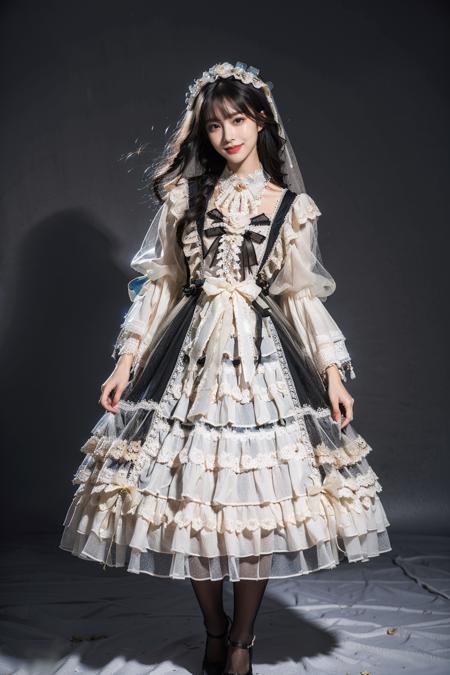 best quality, masterpiece, photorealistic, 1girl, solo, full body, standing, long black straight hair, blunt bangs, looking at viewer, smile, black dress, lo dress, layered dress, long dress, lace-trimmed dress, frills, lace, long sleeves, puffy sleeves, wide sleeves, see-through sleeves, veil, hair ornament, pantyhose, high heels, simple background, <lora:lo_dress_classic_style2_v2:0.65>