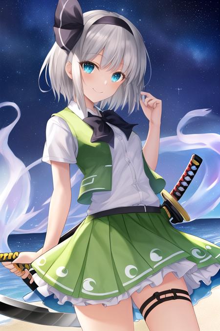 masterpiece, best quality, highres, solo, {night:1.10}, {starry sky:1.10}, beach, beautiful detailed sky, {extremely detailed background:1.20}, {konpaku_youmu_touhou:1.10}, {standing:1.10}, looking at viewer, {bikini:1.30}, short_hair, ribbon, hairband, black_hairband, hair_ribbon, white_hair, black_ribbon, bangs, sword, katana, vest, blue_eyes, green_vest, hitodama, bow, sheath, grey_hair, light smile