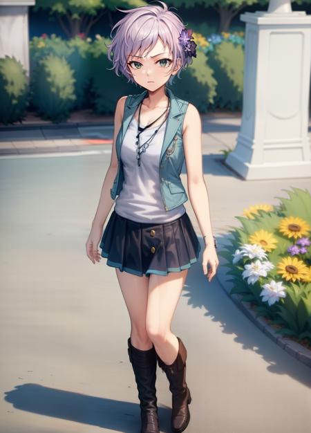 ((masterpiece,best quality)), dynamic angle, 1girl, <lora:phize-15:0.8>, phize, outdoors beautiful green park, looking at viewer, serious, vest, sleeveless, flower hair, boots, skirt, short hair, necklace