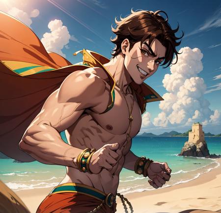 masterpiece, high quality, highres,absurdres, finely detail,manga,
jojo no kimyou na bouken, joseph joestar \(young\), brown hair, brave,pride,naughty smile,
,dramatic angle,fighting stance,cobi,sand,wind,cloud,
,art by kim hyung tae,