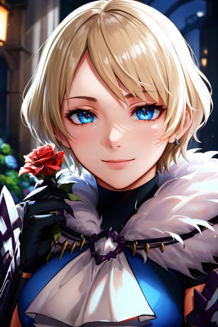 (highly detailed:1.3),
merrin fe, smile, short hair, garden, holding, closed mouth, flower, black gloves, armor, fur trim, ascot, sparkle, rose, red flower, red rose, holding flower,
Ultra-detail,(highres:1.1),best quality,(masterpiece:1.3),cinematic lighting,
(highly detailed face and eyes:1.3),